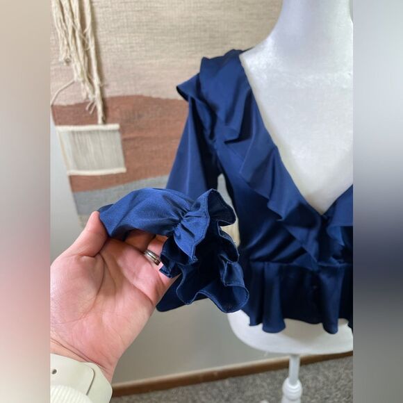 For Love and Lemons 🍋 Blue Satin Better Open Back Ruffle Blouse Size S - Picture 7 of 11
